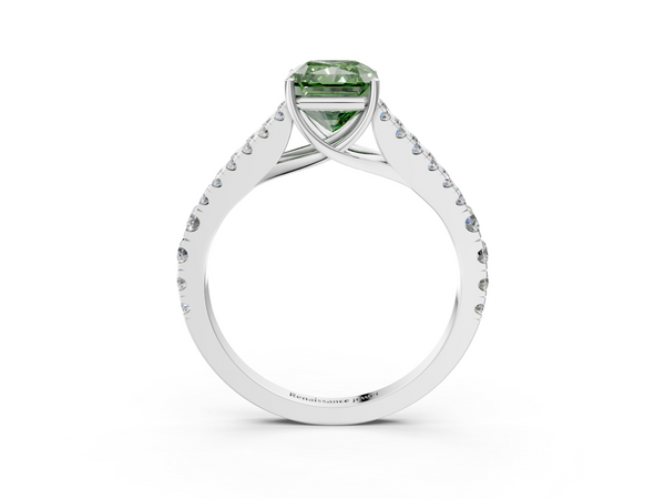 White gold Fancy Green Radiant  Cut Split Shank Pave Diamond Engagement Ring with Four-Prong Setting
