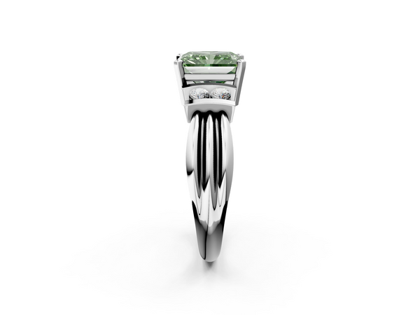 White gold Fancy Green Radiant  Cut Three-Stone Channel Set Ring with Bar Prongs