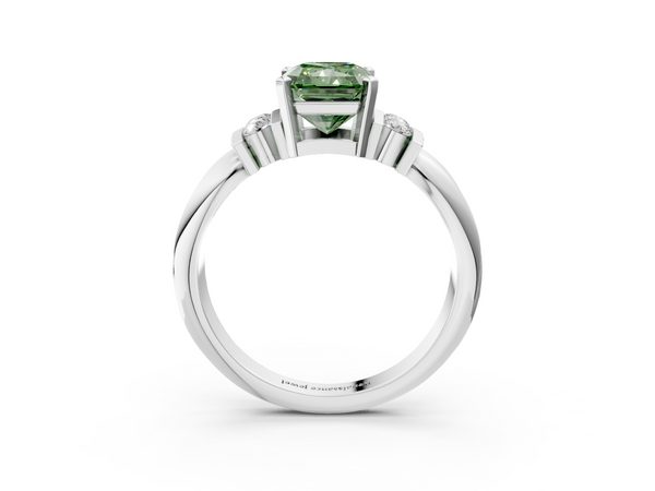 White gold Fancy Green Radiant  Cut Three-Stone Channel Set Ring with Bar Prongs