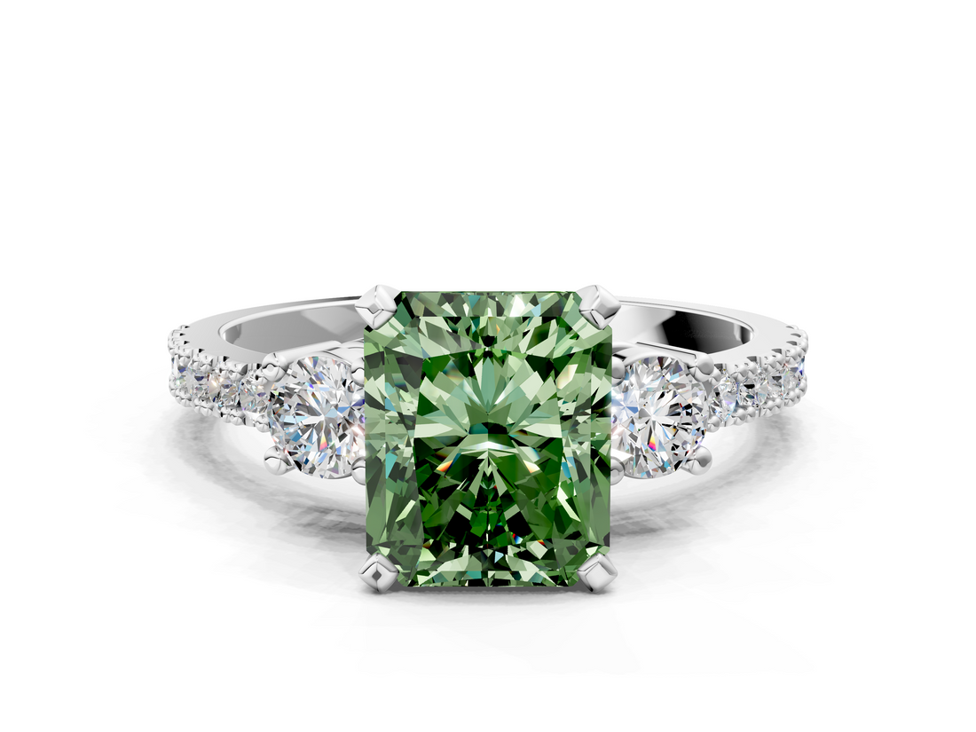 White gold Fancy Green Radiant  Cut Three-Stone Diamond Pavé Band with Prong Setting_34