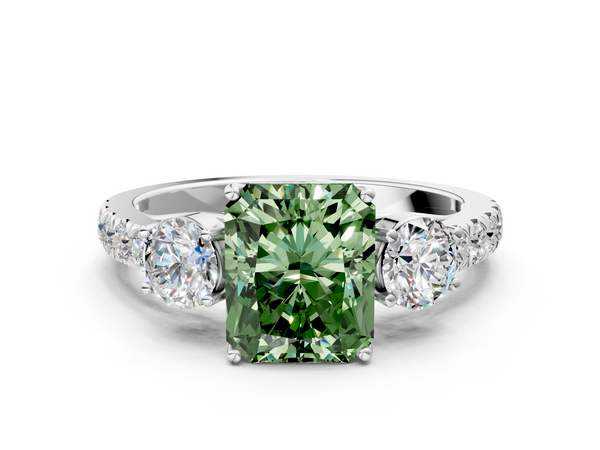 Platinum Fancy Green Radiant  Cut Diamond Three-Stone Ring with Round Side Stones and Pavé Band