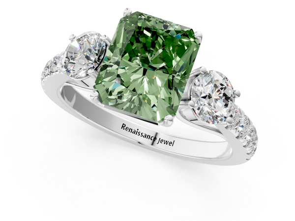 Platinum Fancy Green Radiant  Cut Diamond Three-Stone Ring with Round Side Stones and Pavé Band
