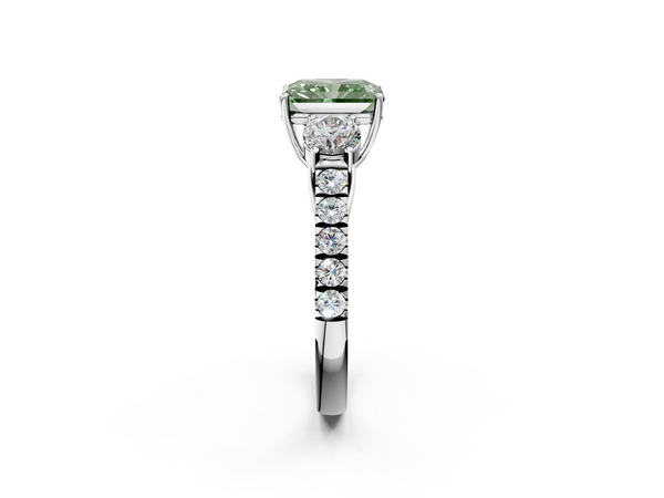 Platinum Fancy Green Radiant  Cut Diamond Three-Stone Ring with Round Side Stones and Pavé Band