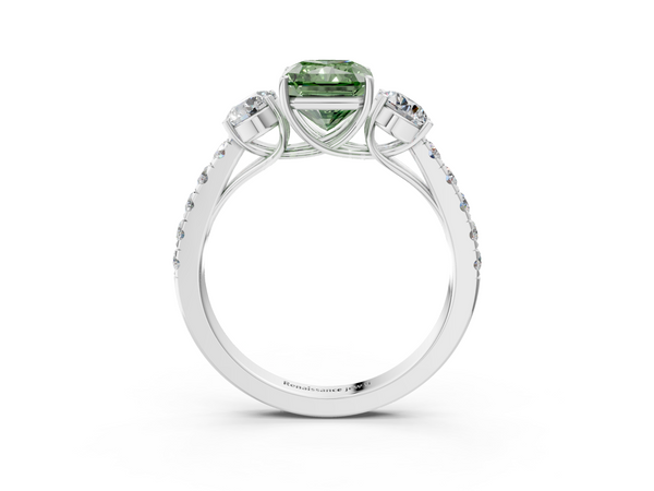 Platinum Fancy Green Radiant  Cut Diamond Three-Stone Ring with Round Side Stones and Pavé Band