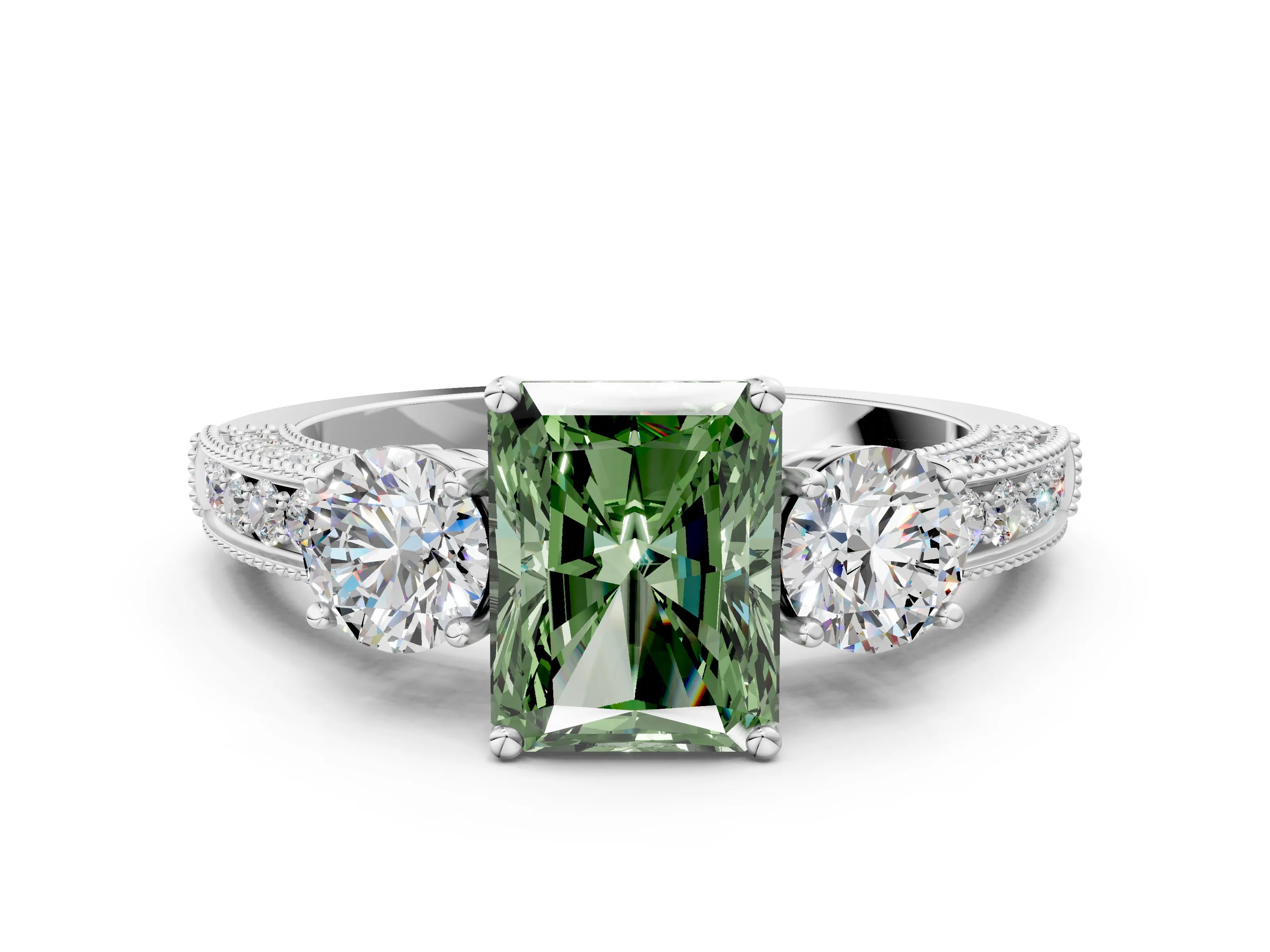 White gold Fancy Green Radiant Cut Three-Stone Diamond Ring with Pavé Band and Four-Prong Setting