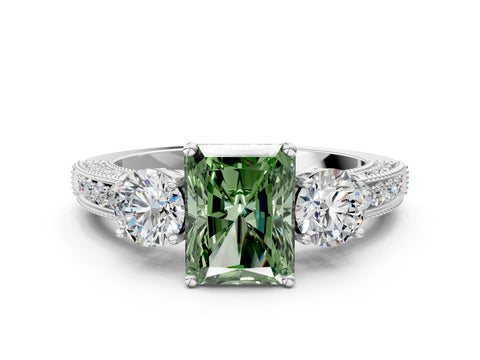 White gold Fancy Green Radiant Cut Three-Stone Diamond Ring with Pavé Band and Four-Prong Setting