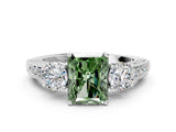 White gold Fancy Green Radiant Cut Three-Stone Diamond Ring with Pavé Band and Four-Prong Setting_12