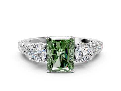 White gold Fancy Green Radiant Cut Three-Stone Diamond Ring with Pavé Band and Four-Prong Setting_12