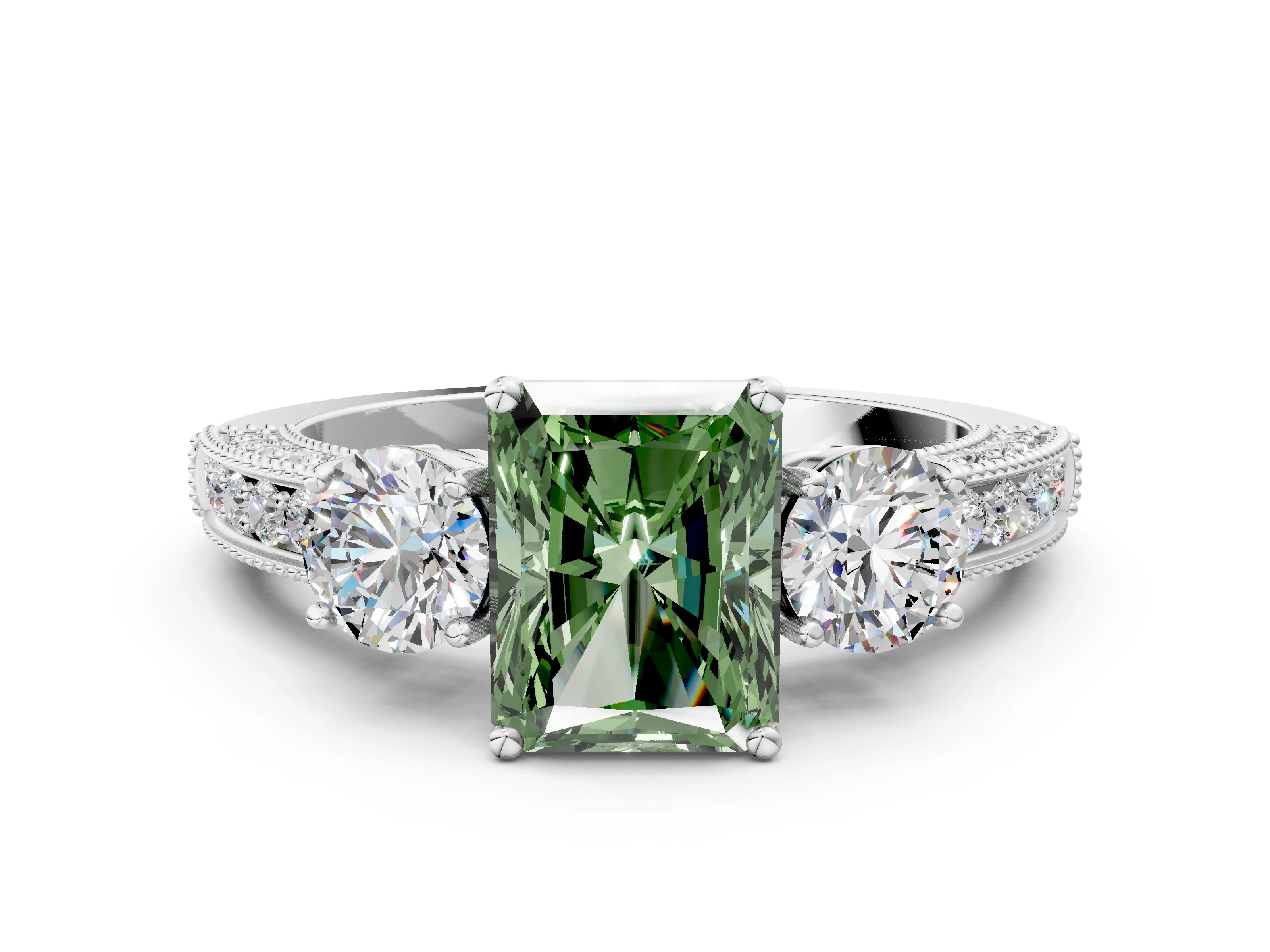 White gold Fancy Green Radiant Cut Three-Stone Diamond Ring with Pavé Band and Four-Prong Setting_12