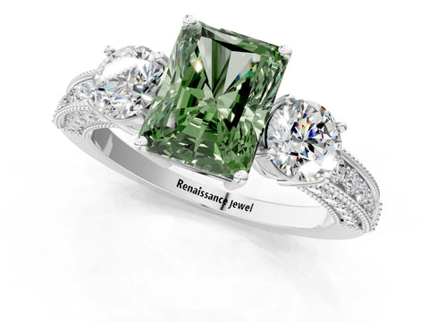 White gold Fancy Green Radiant Cut Three-Stone Diamond Ring with Pavé Band and Four-Prong Setting_13