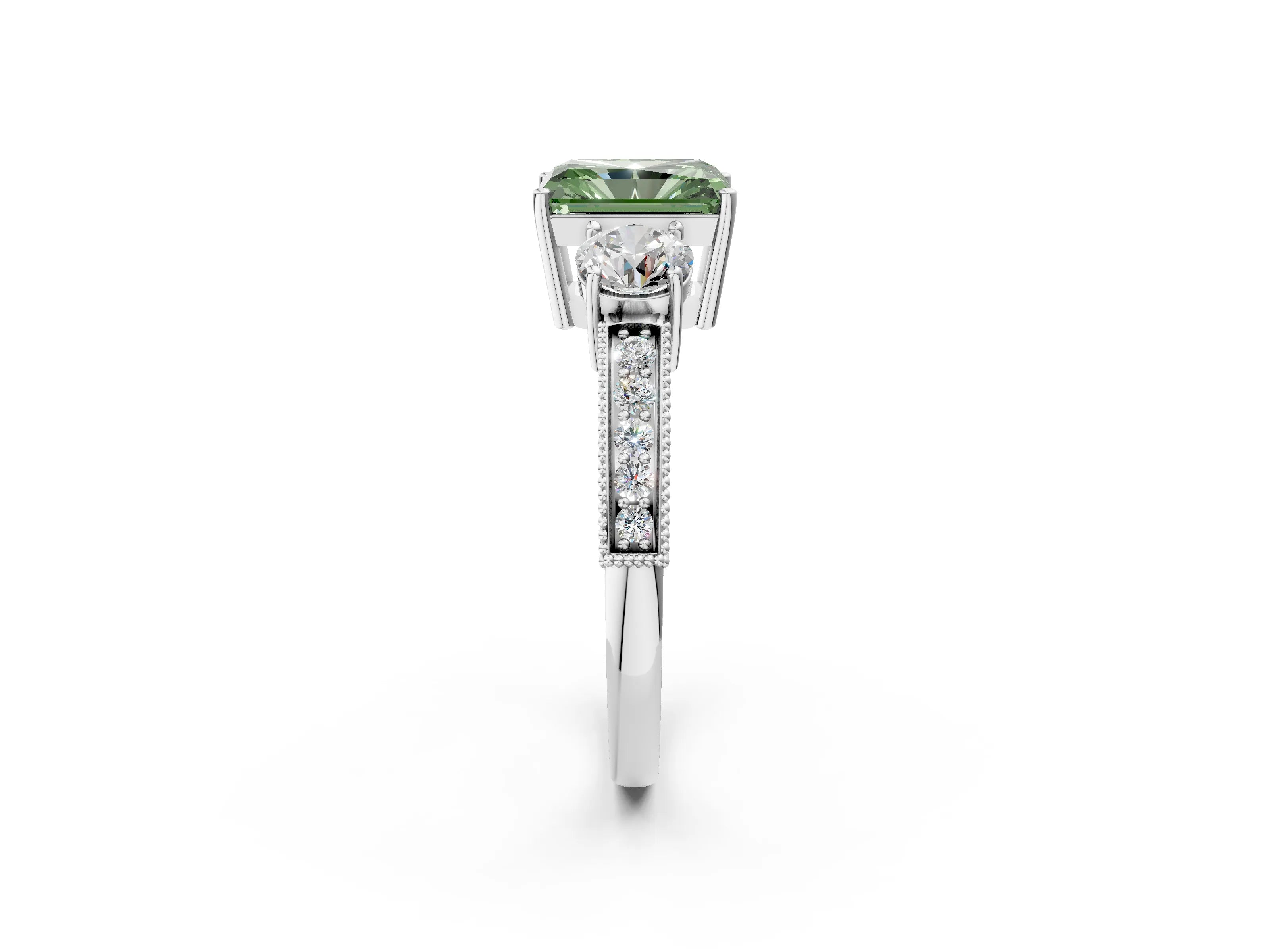 White gold Fancy Green Radiant Cut Three-Stone Diamond Ring with Pavé Band and Four-Prong Setting_14