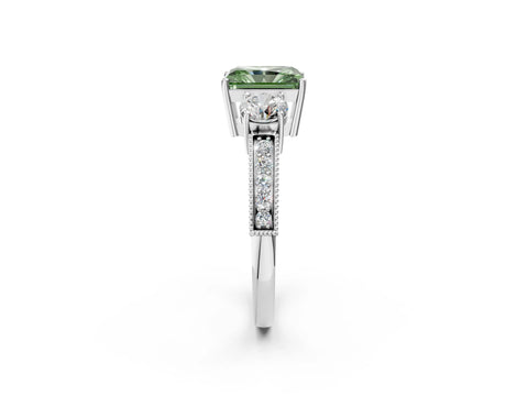 White gold Fancy Green Radiant Cut Three-Stone Diamond Ring with Pavé Band and Four-Prong Setting_14