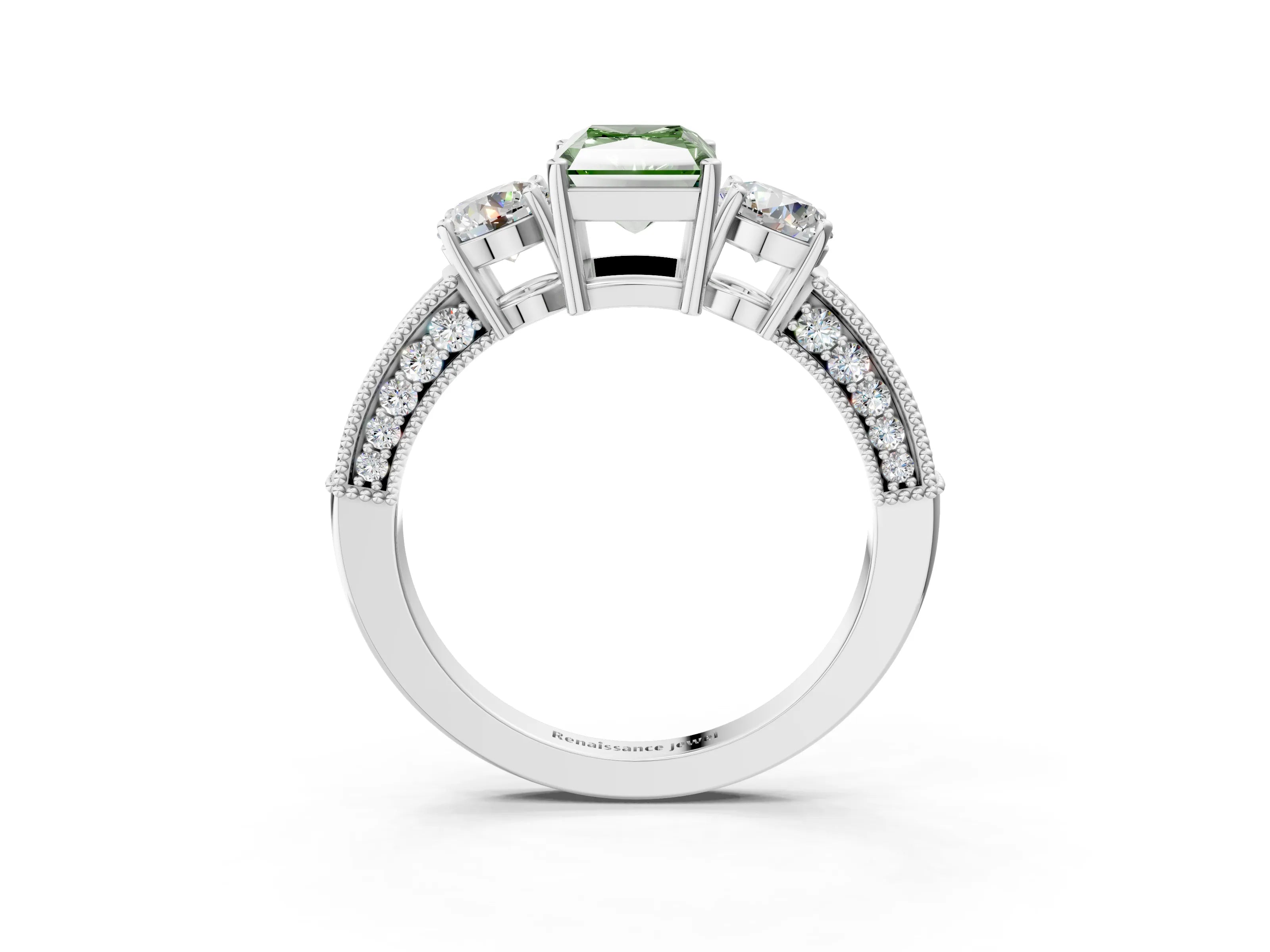 White gold Fancy Green Radiant Cut Three-Stone Diamond Ring with Pavé Band and Four-Prong Setting_15