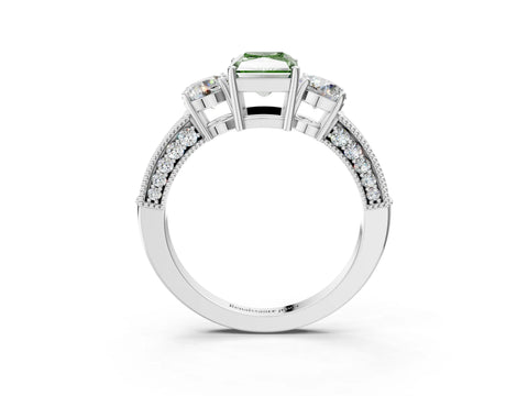 White gold Fancy Green Radiant Cut Three-Stone Diamond Ring with Pavé Band and Four-Prong Setting_15
