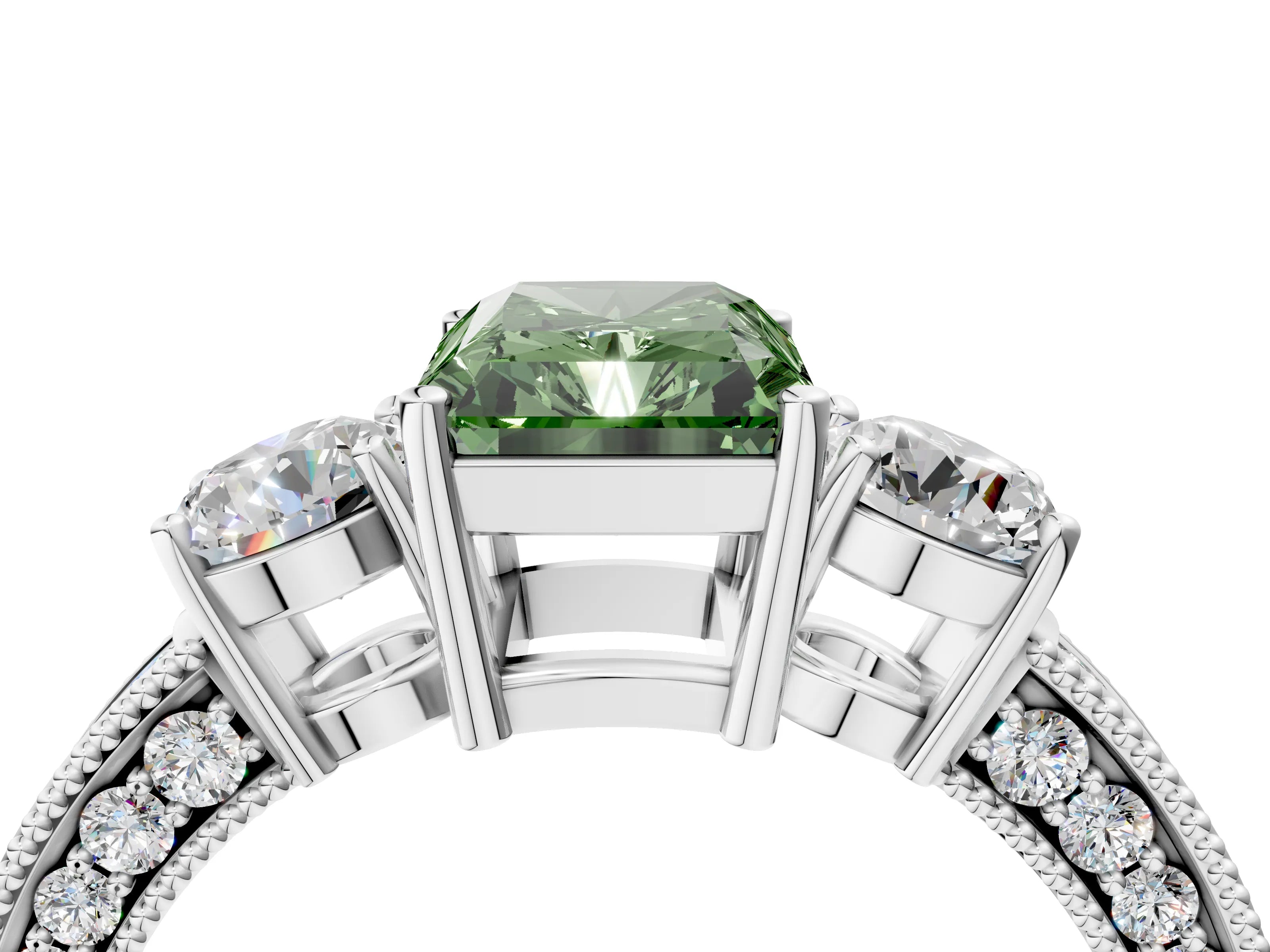 White gold Fancy Green Radiant Cut Three-Stone Diamond Ring with Pavé Band and Four-Prong Setting_16