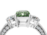 White gold Fancy Green Radiant Cut Three-Stone Diamond Ring with Pavé Band and Four-Prong Setting_16