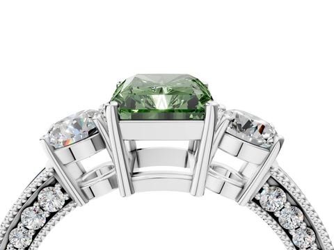 White gold Fancy Green Radiant Cut Three-Stone Diamond Ring with Pavé Band and Four-Prong Setting_16