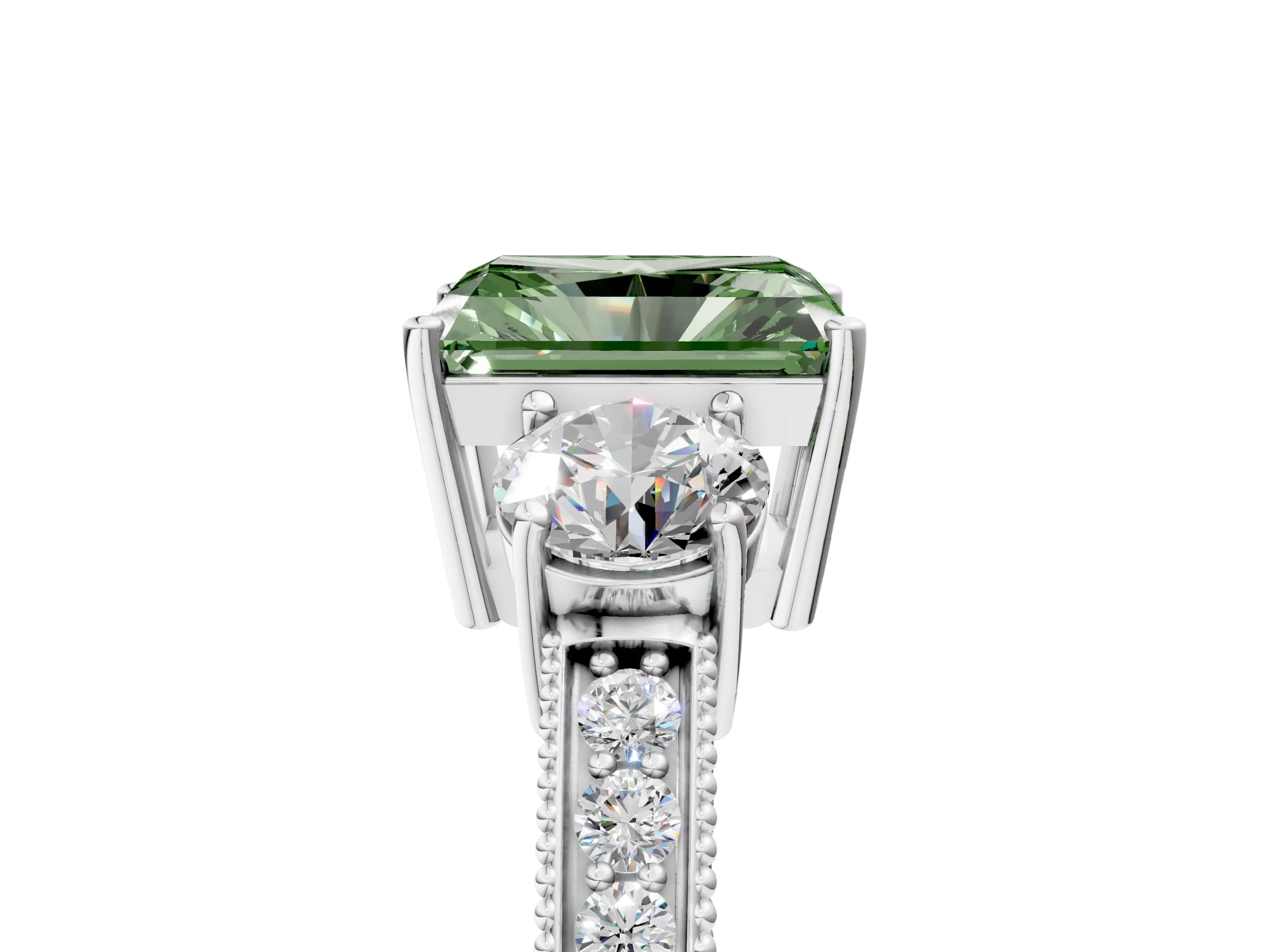 White gold Fancy Green Radiant Cut Three-Stone Diamond Ring with Pavé Band and Four-Prong Setting_17