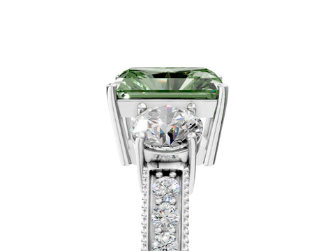 White gold Fancy Green Radiant Cut Three-Stone Diamond Ring with Pavé Band and Four-Prong Setting_17