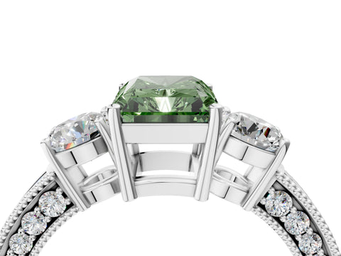 White gold Fancy Green Radiant Cut Three-Stone Diamond Ring with Pavé Band and Four-Prong Setting_4