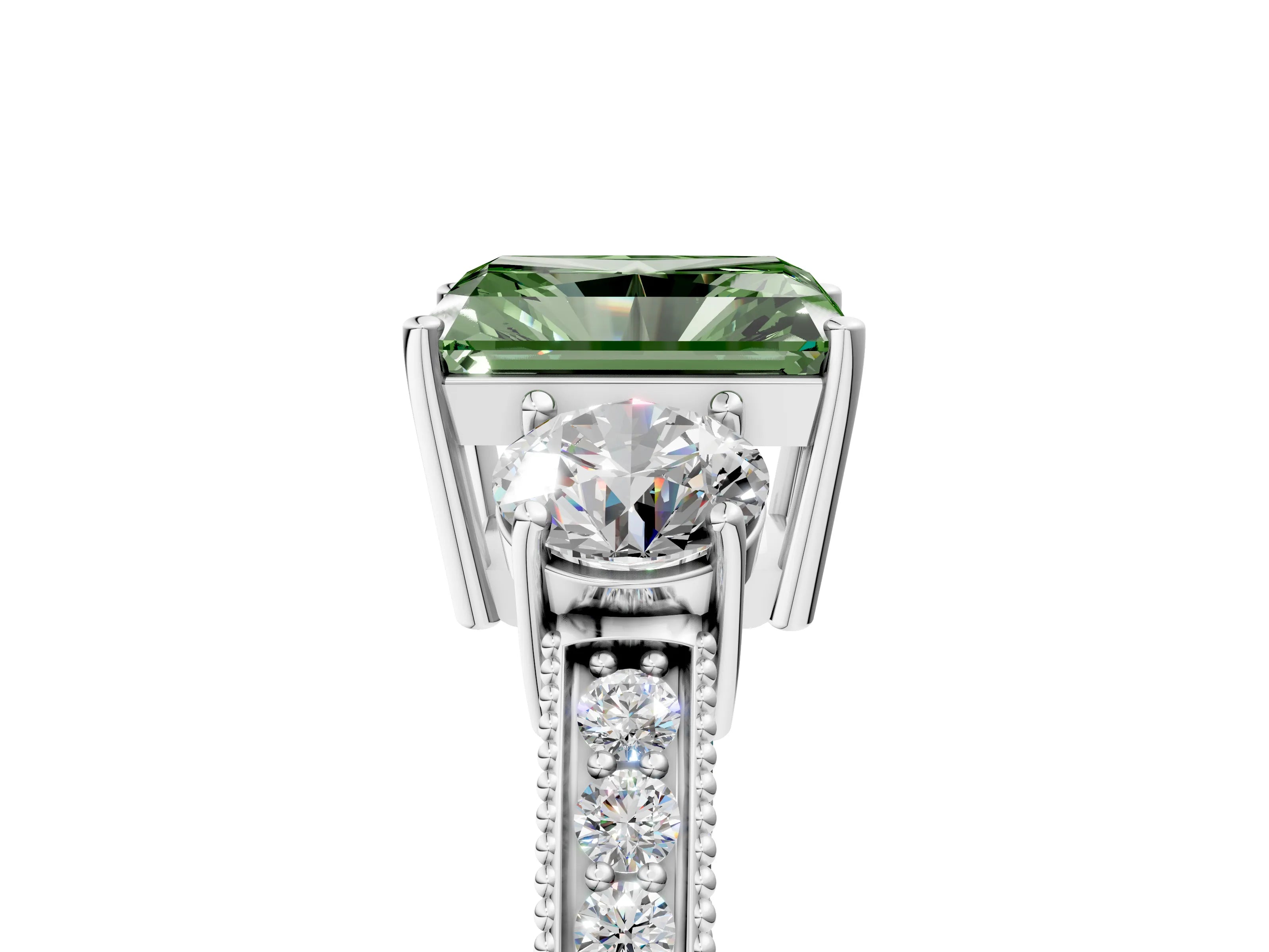 White gold Fancy Green Radiant Cut Three-Stone Diamond Ring with Pavé Band and Four-Prong Setting_5