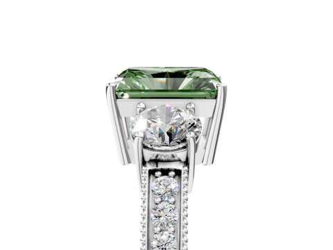 White gold Fancy Green Radiant Cut Three-Stone Diamond Ring with Pavé Band and Four-Prong Setting_5