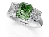 White gold Fancy Green Radiant Cut Three-Stone Diamond Ring with Prong Setting on a Classic Band_13