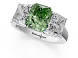 White gold Fancy Green Radiant Cut Three-Stone Diamond Ring with Prong Setting on a Classic Band_19