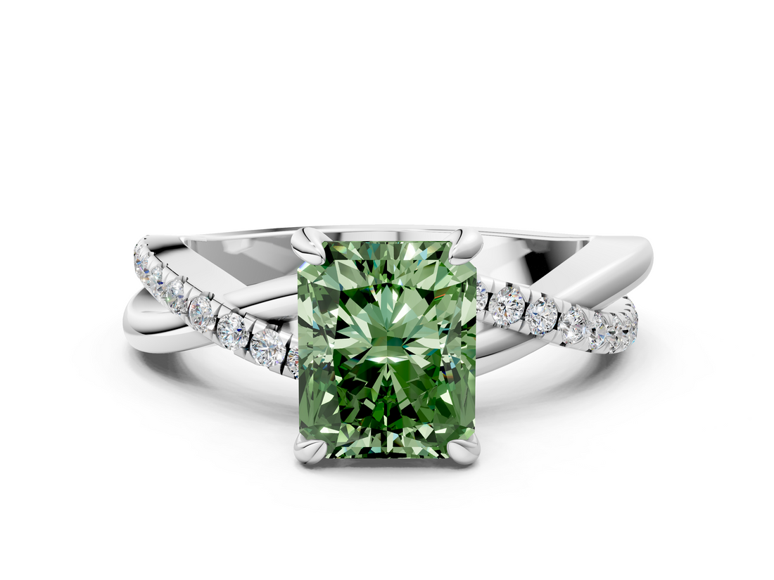 White gold Fancy Green Radiant  Cut Twist Band Solitaire Diamond Ring with Pavé Setting_3