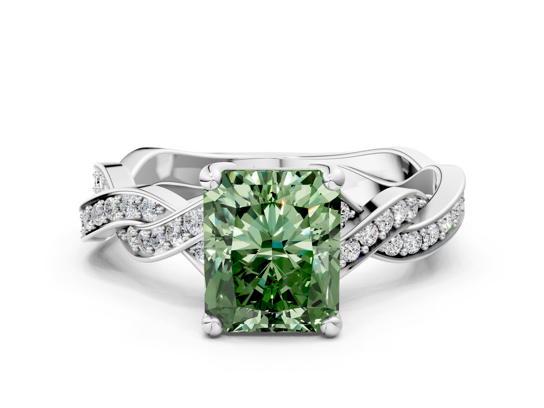 White gold Fancy Green Radiant  Cut Twisted Pavé Band Solitaire Ring with Four-Prong Setting_53