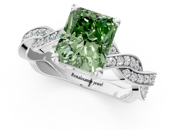 White gold Fancy Green Radiant  Cut Twisted Pavé Band Solitaire Ring with Four-Prong Setting