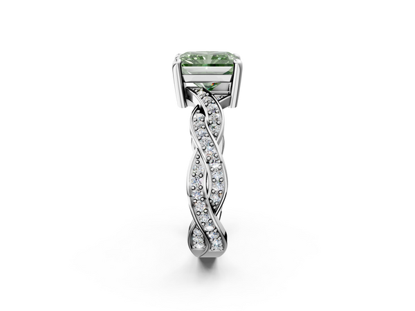 White gold Fancy Green Radiant  Cut Twisted Pavé Band Solitaire Ring with Four-Prong Setting