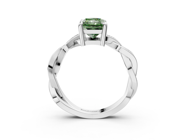 White gold Fancy Green Radiant  Cut Twisted Pavé Band Solitaire Ring with Four-Prong Setting