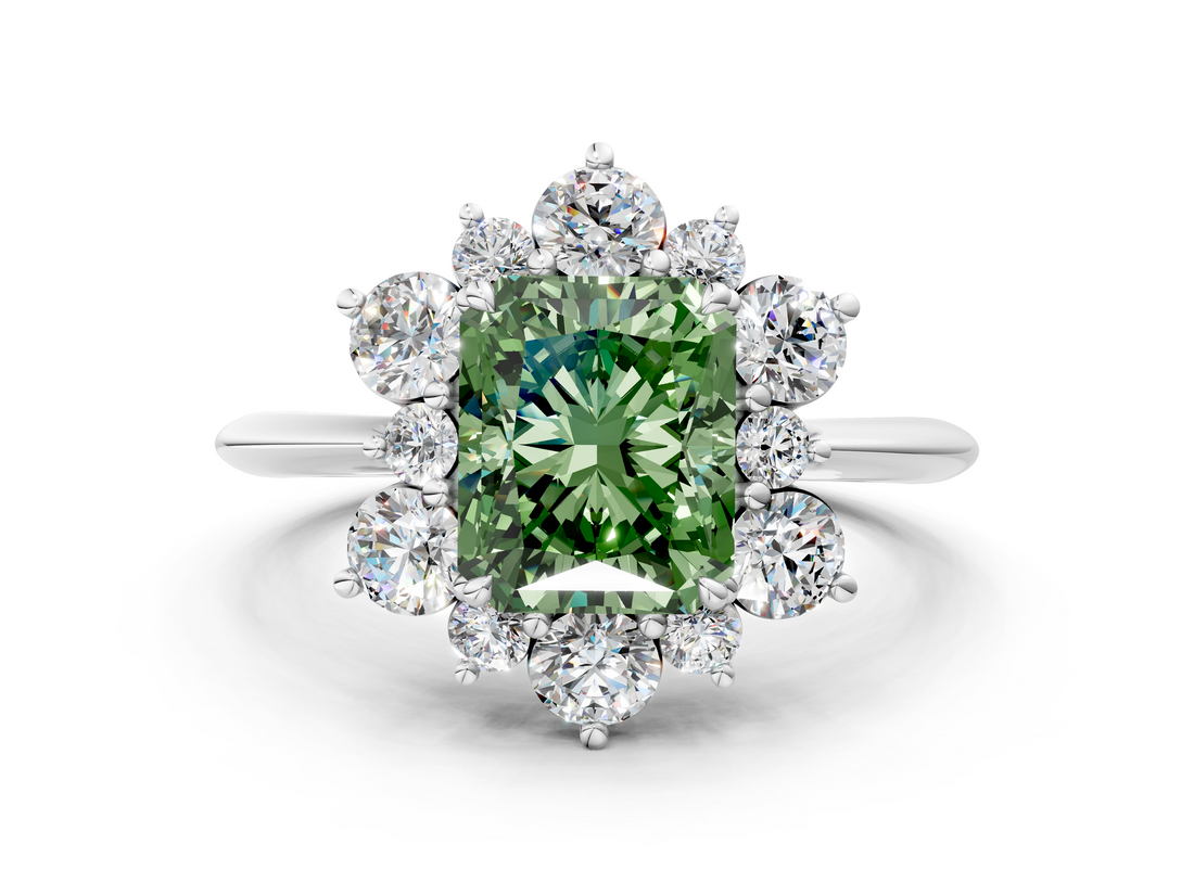White gold Fancy Green Radiant  Diamond Cluster Halo Ring with Solitaire Band and Four-Prong Setting_20