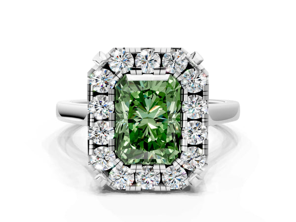 White gold Fancy Green Radiant  Diamond Cluster Halo Solitaire with Four-Prong Setting