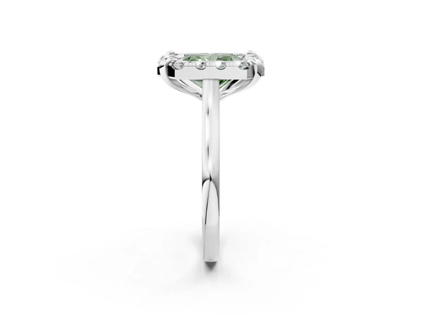 White gold Fancy Green Radiant  Diamond Cluster Halo Solitaire with Four-Prong Setting