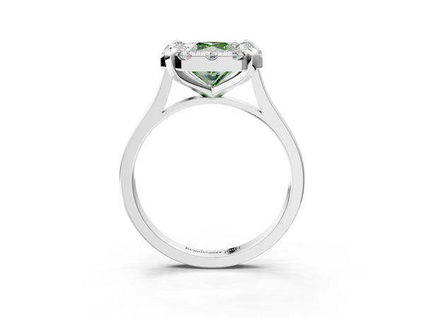 White gold Fancy Green Radiant  Diamond Cluster Halo Solitaire with Four-Prong Setting