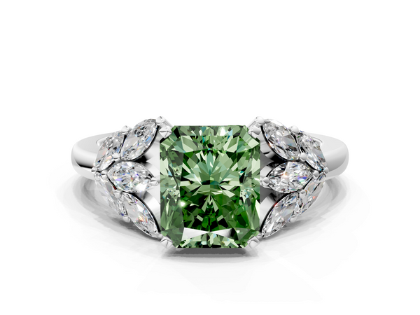 Platinum Fancy Green Radiant  Diamond Cluster Leaf Design Ring with Prong Setting