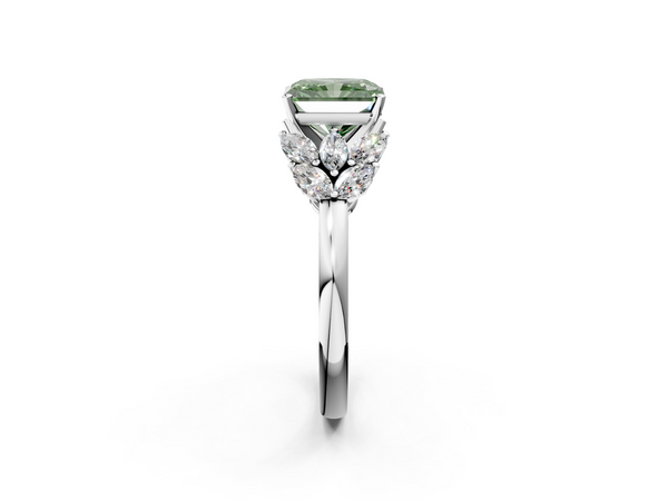 Platinum Fancy Green Radiant  Diamond Cluster Leaf Design Ring with Prong Setting