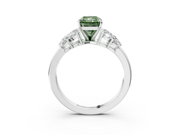 Platinum Fancy Green Radiant  Diamond Cluster Leaf Design Ring with Prong Setting