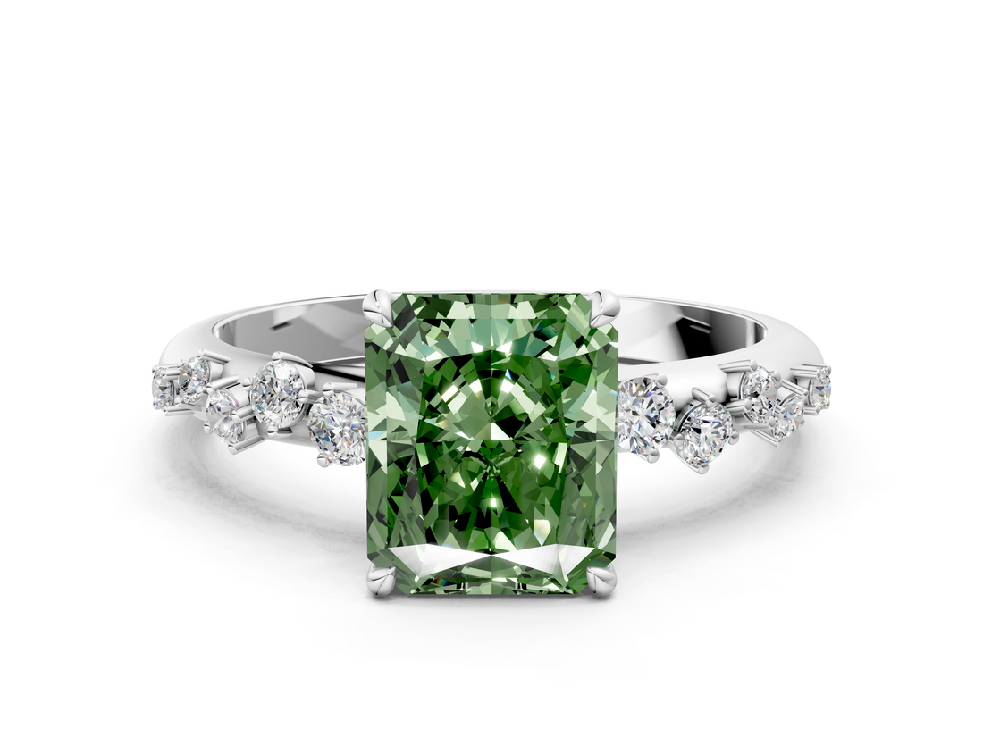 White gold Fancy Green Radiant  Diamond Cluster Prong-Set Solitaire Ring_91