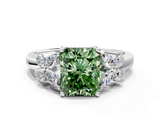 White gold Fancy Green Radiant  Diamond Floral Cluster Ring with Solitaire Band and Prong Setting_50