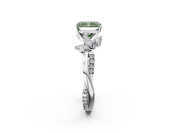 Platinum Fancy Green Radiant  Diamond Floral Vine Solitaire Engagement Ring