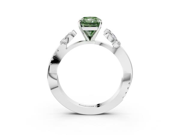 Platinum Fancy Green Radiant  Diamond Floral Vine Solitaire Engagement Ring