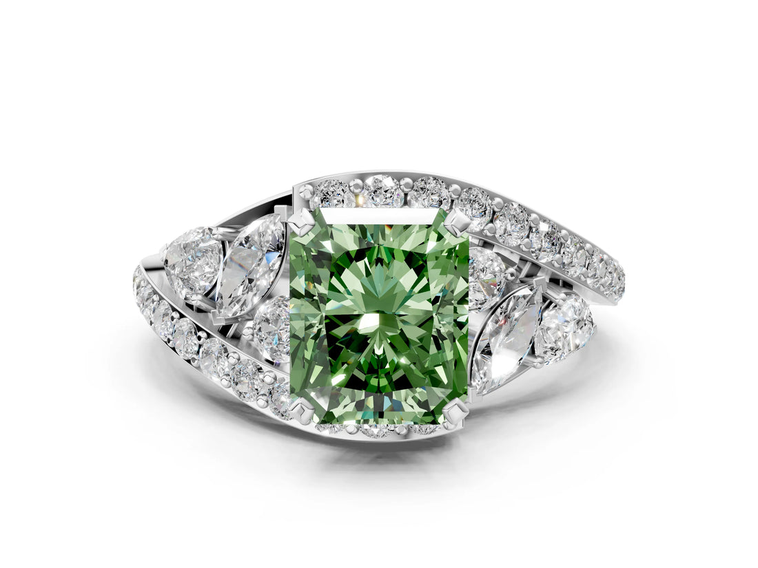 White gold Fancy Green Radiant  Diamond Halo Ring with Marquise and Pavé Band in Prong Setting_24