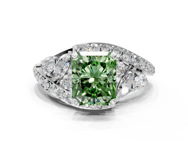 Platinum Fancy Green Radiant  Diamond Halo Ring with Marquise and Pavé Band in Prong Setting