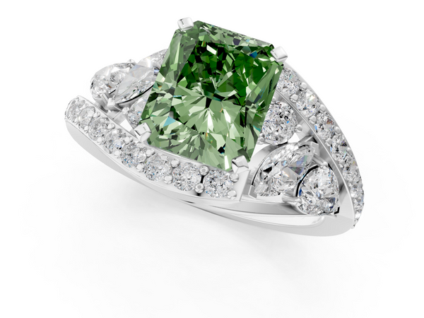 Platinum Fancy Green Radiant  Diamond Halo Ring with Marquise and Pavé Band in Prong Setting