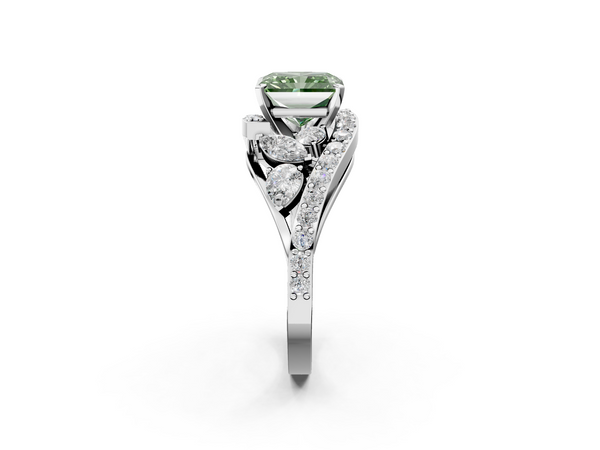 Platinum Fancy Green Radiant  Diamond Halo Ring with Marquise and Pavé Band in Prong Setting