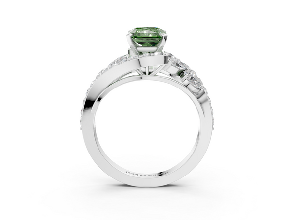 Platinum Fancy Green Radiant  Diamond Halo Ring with Marquise and Pavé Band in Prong Setting
