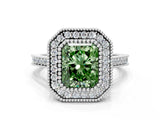 White gold Fancy Green Radiant  Diamond Halo Ring with Milgrain Frame and Pavé Band_60